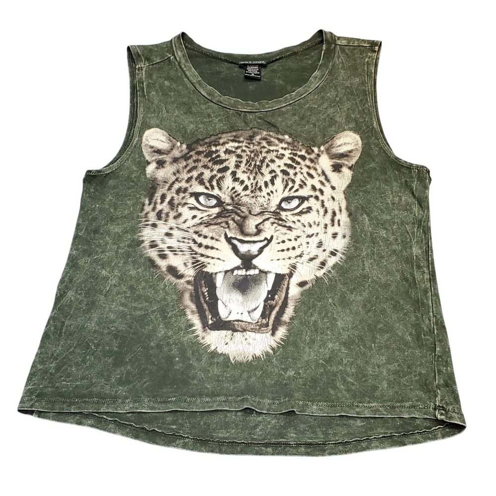 VTG Y2K Wet Seal Leopard Graphic Tank Top Size M Green Acid Wash Grunge Boho